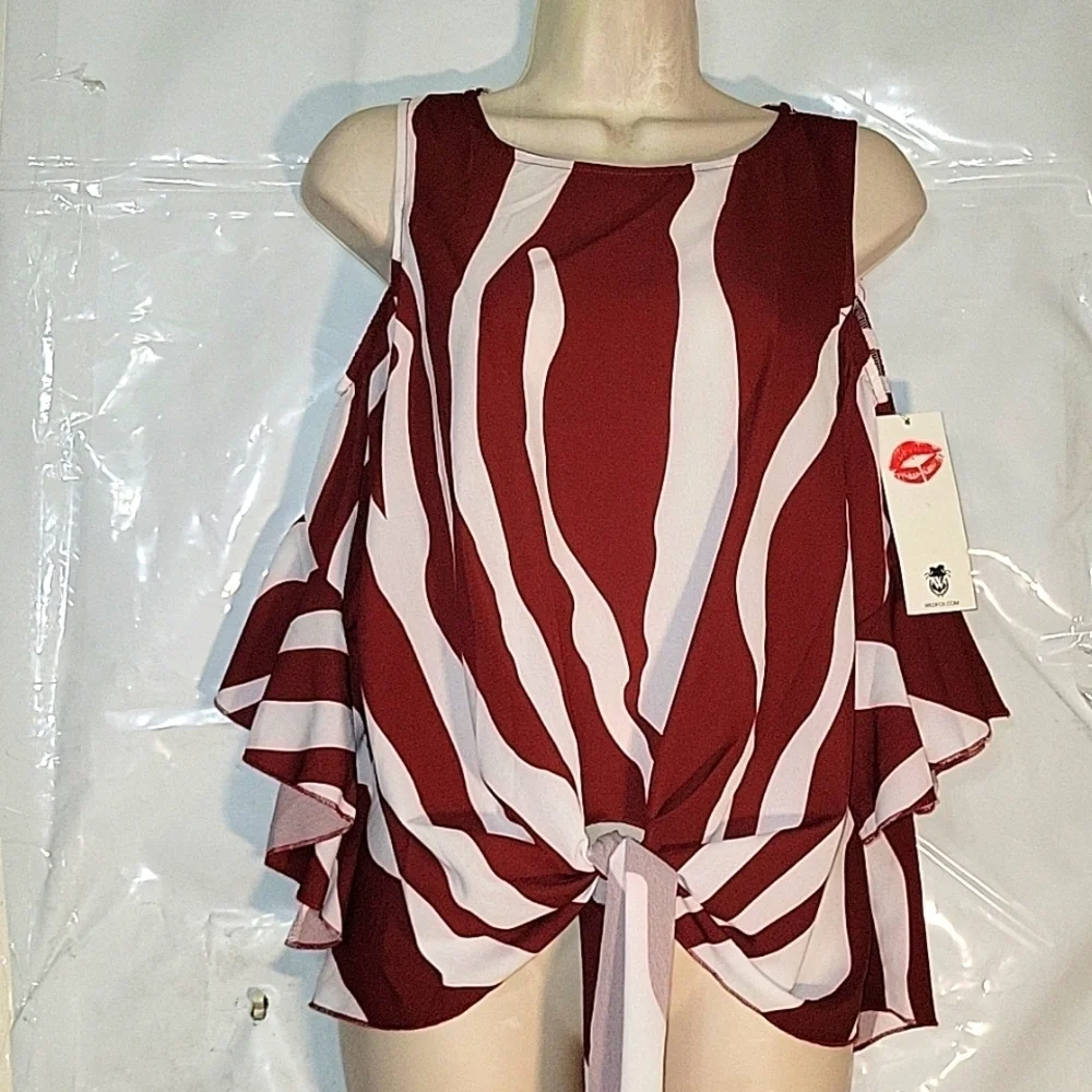 Wildfox NEW Burgundy White Striped Cold Shoulder Bell Sleeve Front Tie Top Small